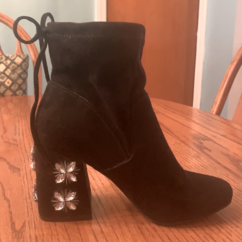 Unique Black Drawstring Booties W Rhinestone Heels - image 1
